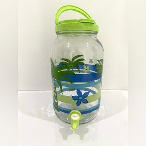 Vintage 90s Glass Sun Tea Jar Tropical Drink Dispenser Green Palms Palm Trees